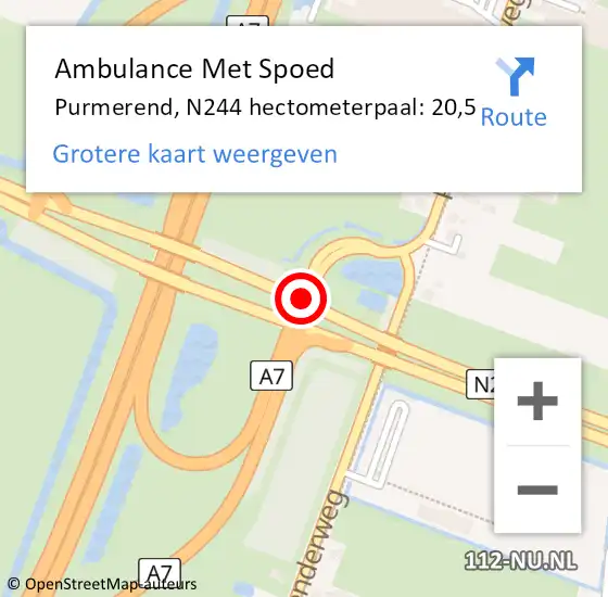 Locatie op kaart van de 112 melding: Ambulance Met Spoed Naar Purmerend, N244 hectometerpaal: 20,5 op 19 november 2024 20:47