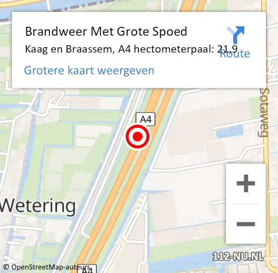 Locatie op kaart van de 112 melding: Brandweer Met Grote Spoed Naar Kaag en Braassem, A4 hectometerpaal: 21,9 op 19 november 2024 22:08