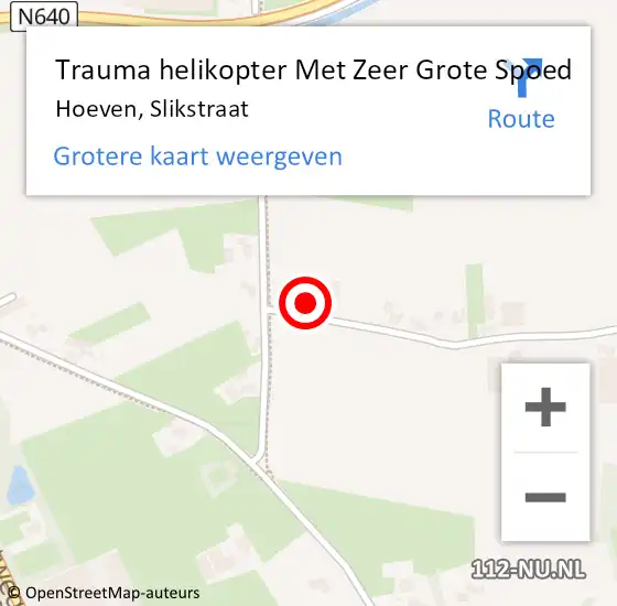 Locatie op kaart van de 112 melding: Trauma helikopter Met Zeer Grote Spoed Naar Hoeven, Slikstraat op 19 november 2024 22:19