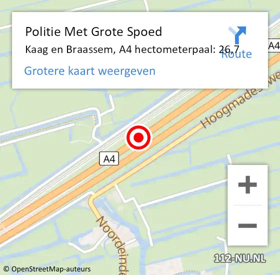 Locatie op kaart van de 112 melding: Politie Met Grote Spoed Naar Kaag en Braassem, A4 hectometerpaal: 26,7 op 20 november 2024 07:24