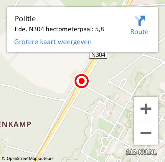 Locatie op kaart van de 112 melding: Politie Ede, N304 hectometerpaal: 5,8 op 20 november 2024 07:34