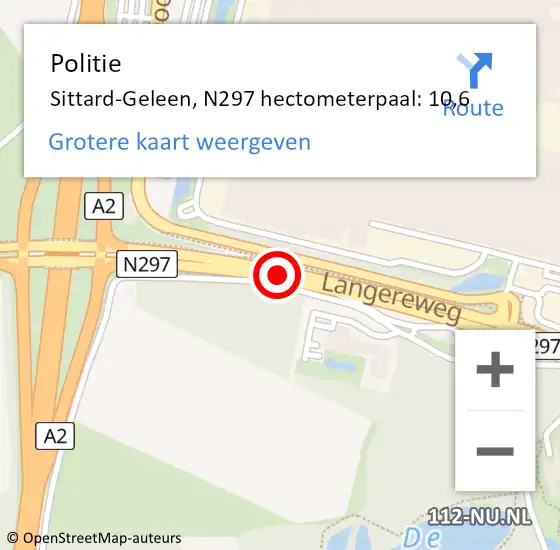 Locatie op kaart van de 112 melding: Politie Sittard-Geleen, N297 hectometerpaal: 10,6 op 20 november 2024 08:30