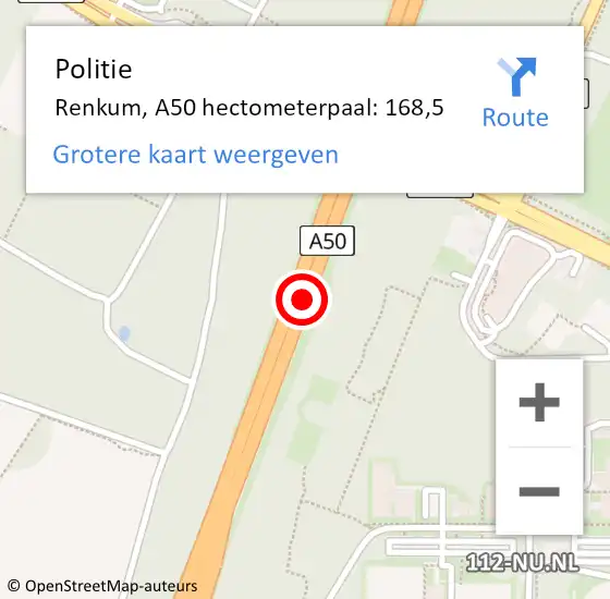 Locatie op kaart van de 112 melding: Politie Renkum, A50 hectometerpaal: 168,5 op 20 november 2024 09:05