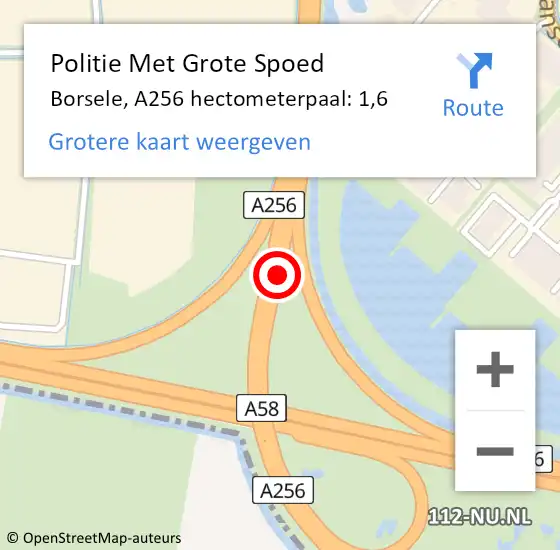 Locatie op kaart van de 112 melding: Politie Met Grote Spoed Naar Borsele, A256 hectometerpaal: 1,6 op 20 november 2024 09:10