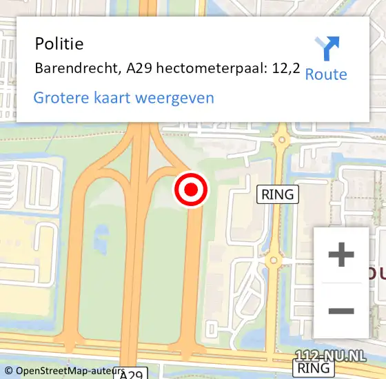 Locatie op kaart van de 112 melding: Politie Barendrecht, A29 hectometerpaal: 12,2 op 20 november 2024 10:01