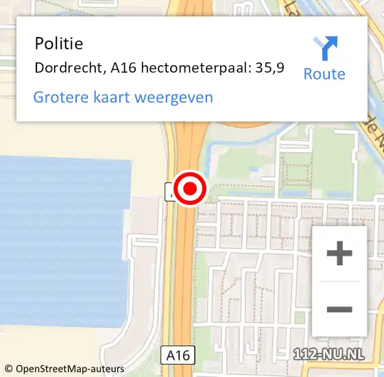 Locatie op kaart van de 112 melding: Politie Dordrecht, A16 hectometerpaal: 35,9 op 20 november 2024 10:50