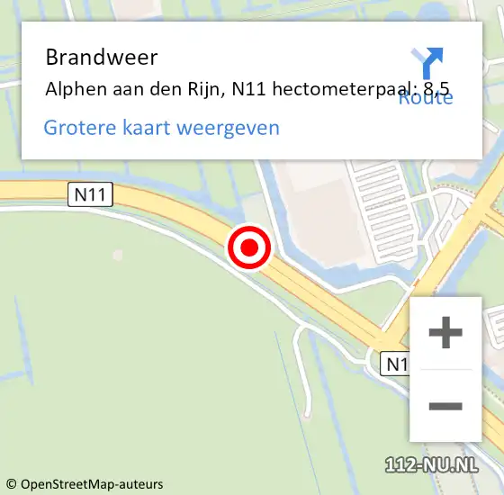 Locatie op kaart van de 112 melding: Brandweer Alphen aan den Rijn, N11 hectometerpaal: 8,5 op 20 november 2024 11:48