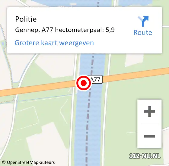 Locatie op kaart van de 112 melding: Politie Gennep, A77 hectometerpaal: 5,9 op 20 november 2024 11:58