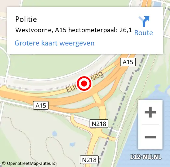 Locatie op kaart van de 112 melding: Politie Westvoorne, A15 hectometerpaal: 26,1 op 20 november 2024 12:25