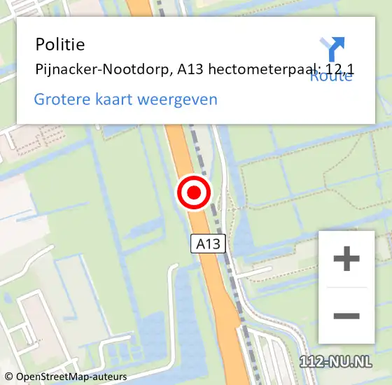 Locatie op kaart van de 112 melding: Politie Pijnacker-Nootdorp, A13 hectometerpaal: 12,1 op 20 november 2024 12:30