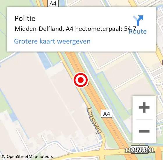 Locatie op kaart van de 112 melding: Politie Midden-Delfland, A4 hectometerpaal: 54,7 op 20 november 2024 12:52