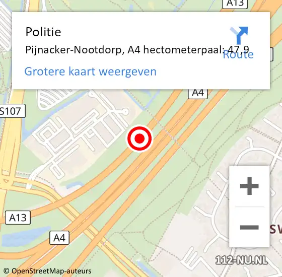 Locatie op kaart van de 112 melding: Politie Pijnacker-Nootdorp, A4 hectometerpaal: 47,9 op 20 november 2024 13:02