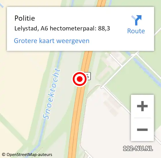 Locatie op kaart van de 112 melding: Politie Lelystad, A6 hectometerpaal: 88,3 op 20 november 2024 13:39