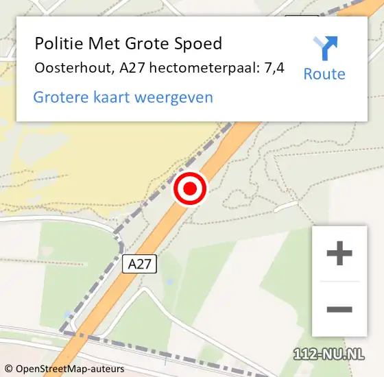 Locatie op kaart van de 112 melding: Politie Met Grote Spoed Naar Breda, A27 hectometerpaal: 7,4 op 20 november 2024 13:47