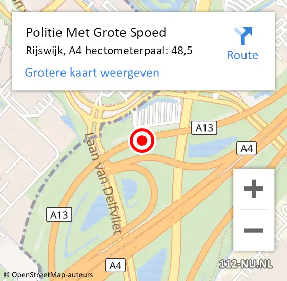 Locatie op kaart van de 112 melding: Politie Met Grote Spoed Naar Rijswijk, A4 hectometerpaal: 48,5 op 20 november 2024 14:15