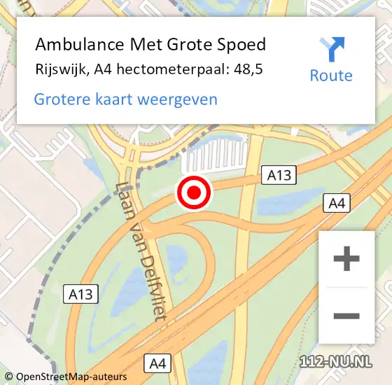 Locatie op kaart van de 112 melding: Ambulance Met Grote Spoed Naar Rijswijk, A4 hectometerpaal: 48,5 op 20 november 2024 14:15