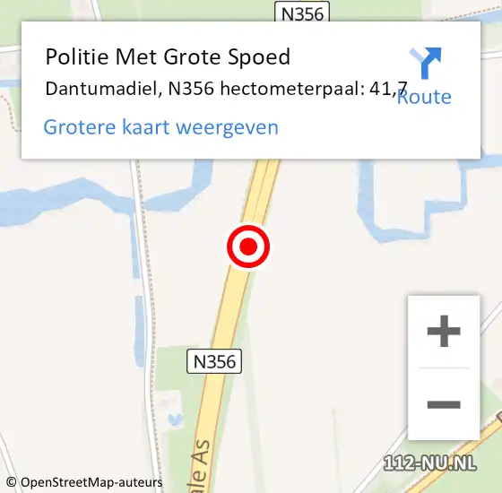 Locatie op kaart van de 112 melding: Politie Met Grote Spoed Naar Dantumadiel, N356 hectometerpaal: 41,7 op 20 november 2024 15:31