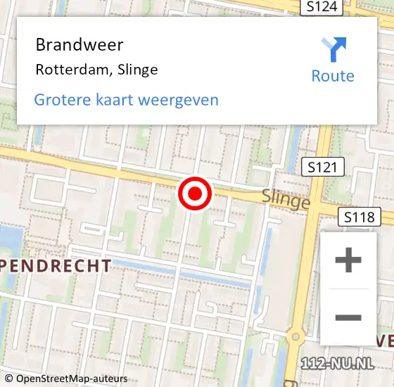 Locatie op kaart van de 112 melding: Brandweer Rotterdam, Slinge op 20 november 2024 17:52