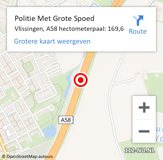 Locatie op kaart van de 112 melding: Politie Met Grote Spoed Naar Vlissingen, A58 hectometerpaal: 169,6 op 20 november 2024 20:03