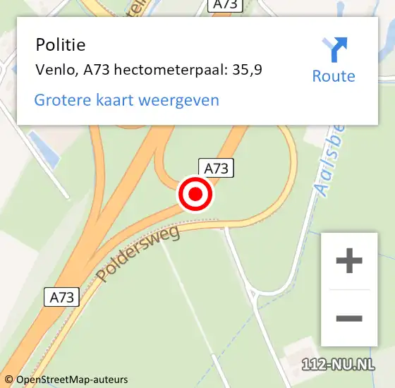 Locatie op kaart van de 112 melding: Politie Venlo, A73 hectometerpaal: 35,9 op 20 november 2024 20:36