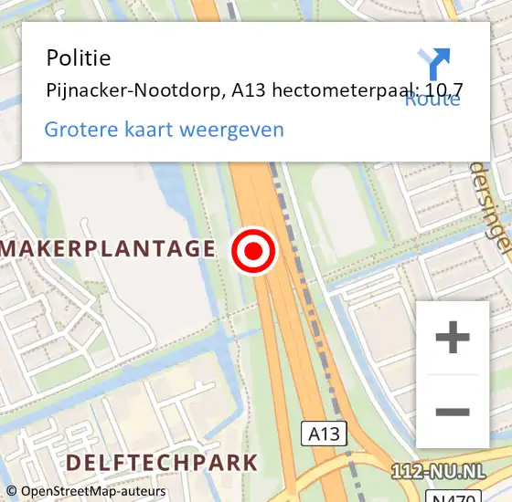 Locatie op kaart van de 112 melding: Politie Pijnacker-Nootdorp, A13 hectometerpaal: 10,7 op 20 november 2024 21:27