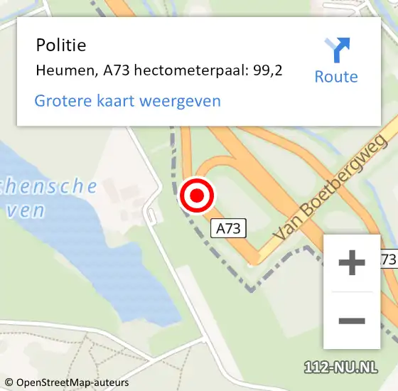 Locatie op kaart van de 112 melding: Politie Heumen, A73 hectometerpaal: 99,2 op 20 november 2024 22:14