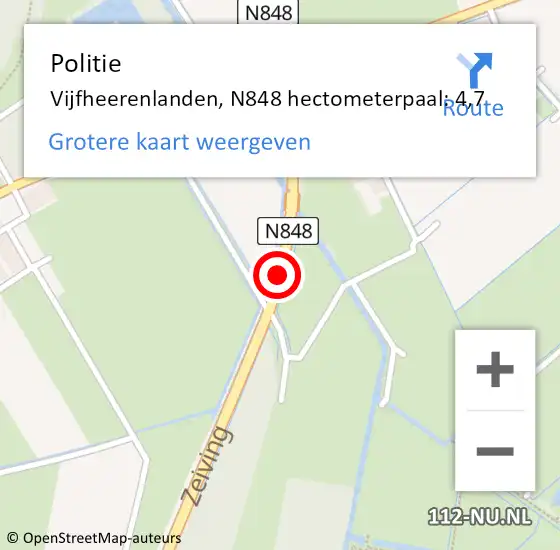 Locatie op kaart van de 112 melding: Politie Vijfheerenlanden, N848 hectometerpaal: 4,7 op 21 november 2024 05:55