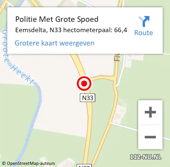 Locatie op kaart van de 112 melding: Politie Met Grote Spoed Naar Eemsdelta, N33 hectometerpaal: 66,4 op 21 november 2024 06:40