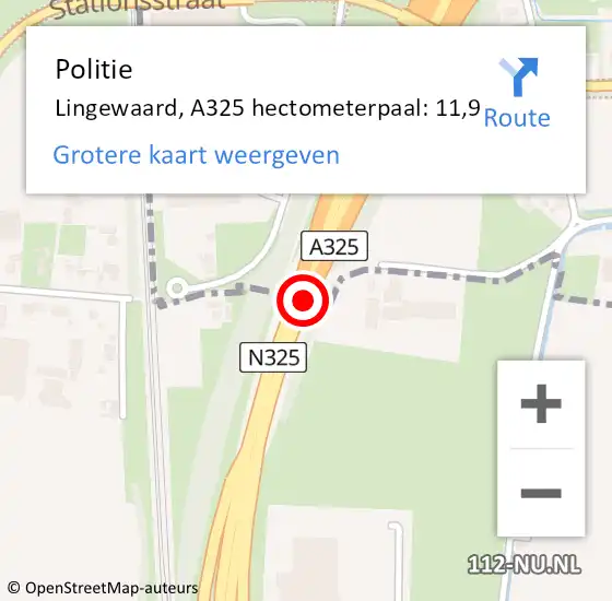 Locatie op kaart van de 112 melding: Politie Lingewaard, A325 hectometerpaal: 11,9 op 21 november 2024 07:46