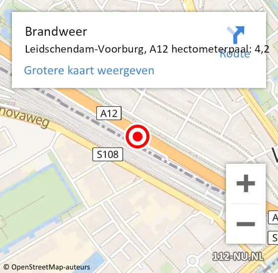 Locatie op kaart van de 112 melding: Brandweer Leidschendam-Voorburg, A12 hectometerpaal: 4,2 op 21 november 2024 07:50