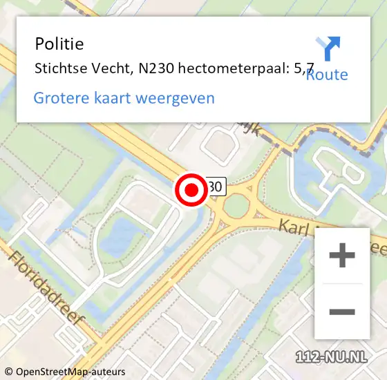 Locatie op kaart van de 112 melding: Politie Stichtse Vecht, N230 hectometerpaal: 5,7 op 21 november 2024 08:01