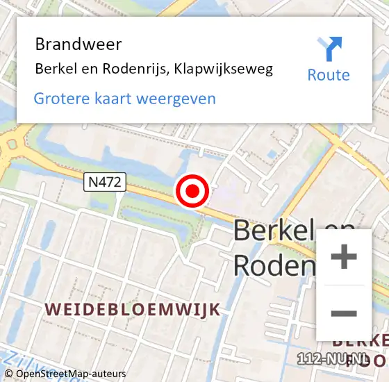 Locatie op kaart van de 112 melding: Brandweer Berkel en Rodenrijs, Klapwijkseweg op 21 november 2024 08:03