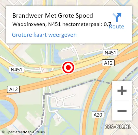 Locatie op kaart van de 112 melding: Brandweer Met Grote Spoed Naar Waddinxveen, N451 hectometerpaal: 0,7 op 21 november 2024 08:08