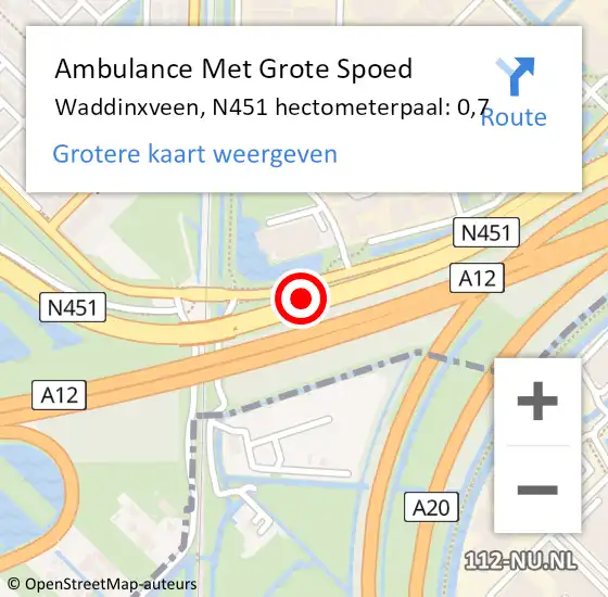 Locatie op kaart van de 112 melding: Ambulance Met Grote Spoed Naar Waddinxveen, N451 hectometerpaal: 0,7 op 21 november 2024 08:09