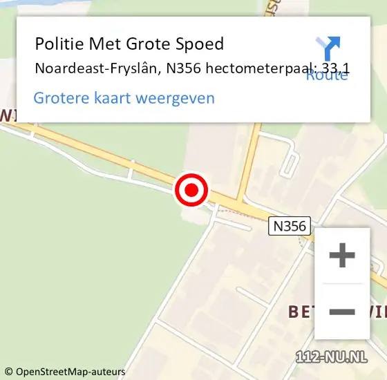 Locatie op kaart van de 112 melding: Politie Met Grote Spoed Naar Noardeast-Fryslân, N356 hectometerpaal: 33,1 op 21 november 2024 08:13