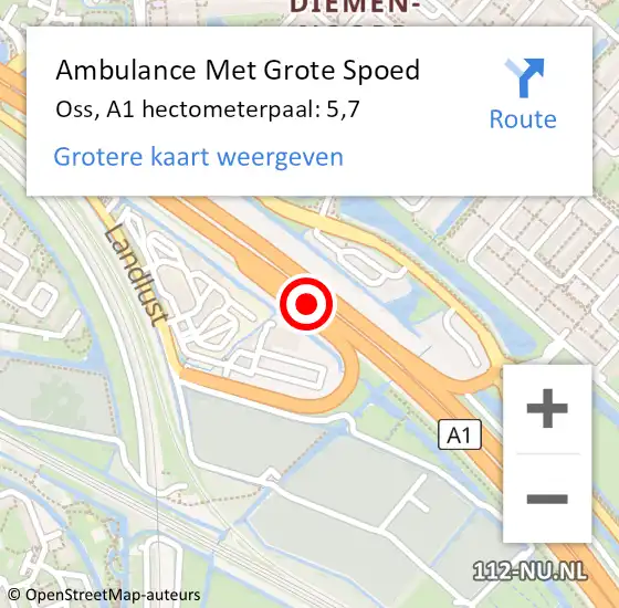 Locatie op kaart van de 112 melding: Ambulance Met Grote Spoed Naar Oss, A1 hectometerpaal: 5,7 op 21 november 2024 08:16