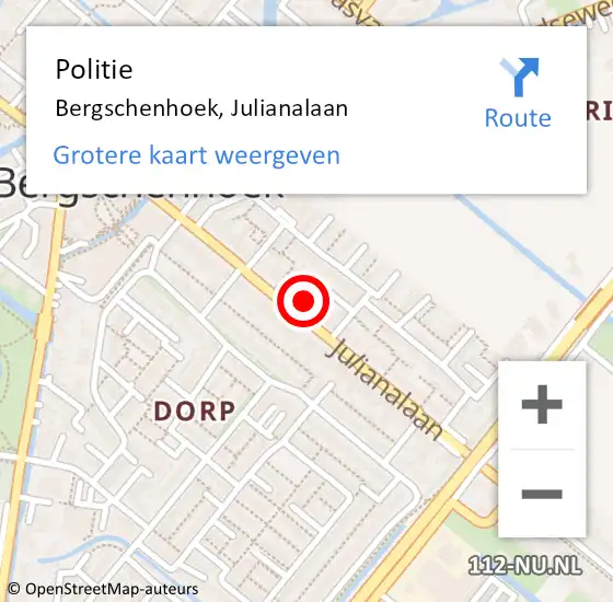 Locatie op kaart van de 112 melding: Politie Bergschenhoek, Julianalaan op 21 november 2024 08:30