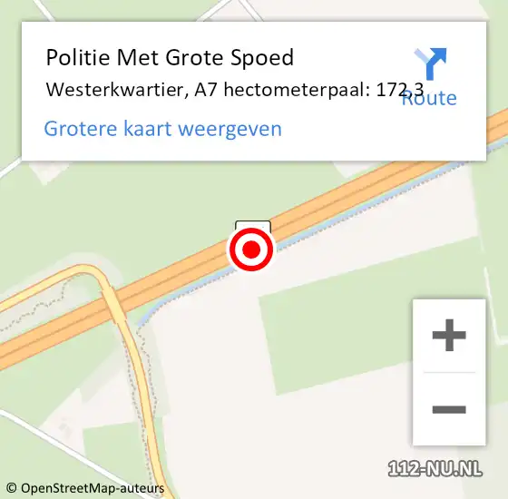 Locatie op kaart van de 112 melding: Politie Met Grote Spoed Naar Westerkwartier, A7 hectometerpaal: 172,3 op 21 november 2024 08:41