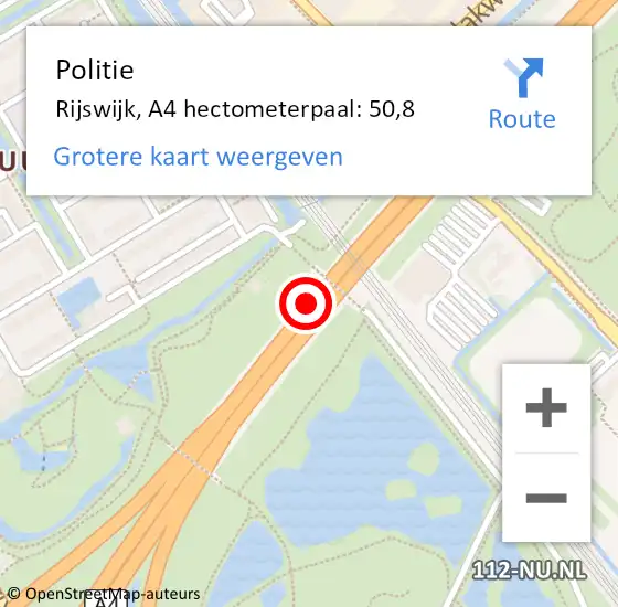 Locatie op kaart van de 112 melding: Politie Rijswijk, A4 hectometerpaal: 50,8 op 21 november 2024 10:03