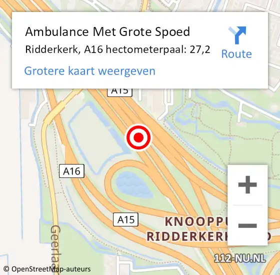 Locatie op kaart van de 112 melding: Ambulance Met Grote Spoed Naar Ridderkerk, A16 hectometerpaal: 27,2 op 21 november 2024 10:33