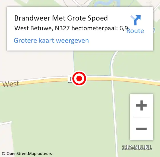 Locatie op kaart van de 112 melding: Brandweer Met Grote Spoed Naar West Betuwe, N327 hectometerpaal: 6,9 op 21 november 2024 11:08