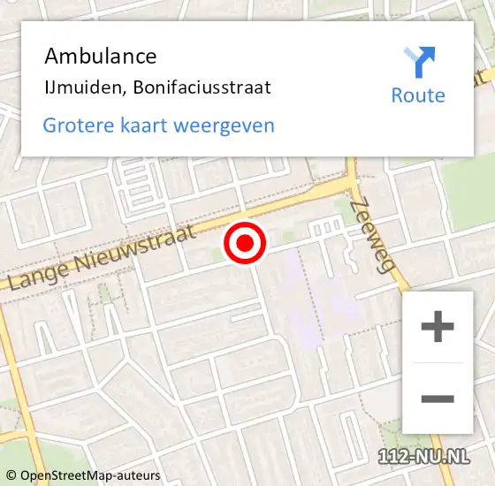 Locatie op kaart van de 112 melding: Ambulance IJmuiden, Bonifaciusstraat op 21 november 2024 11:44