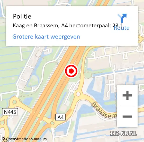 Locatie op kaart van de 112 melding: Politie Kaag en Braassem, A4 hectometerpaal: 23,1 op 21 november 2024 11:50