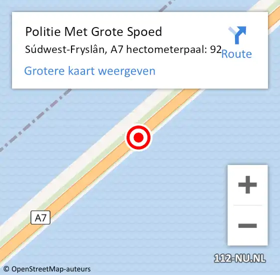 Locatie op kaart van de 112 melding: Politie Met Grote Spoed Naar Súdwest-Fryslân, A7 hectometerpaal: 92 op 21 november 2024 12:24