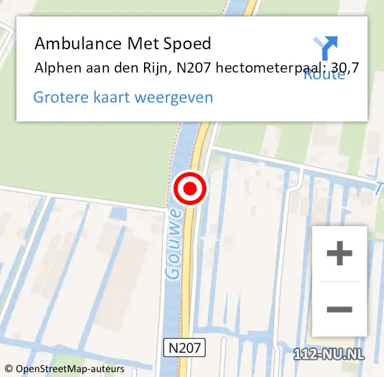 Locatie op kaart van de 112 melding: Ambulance Met Spoed Naar Alphen aan den Rijn, N207 hectometerpaal: 30,7 op 21 november 2024 12:59