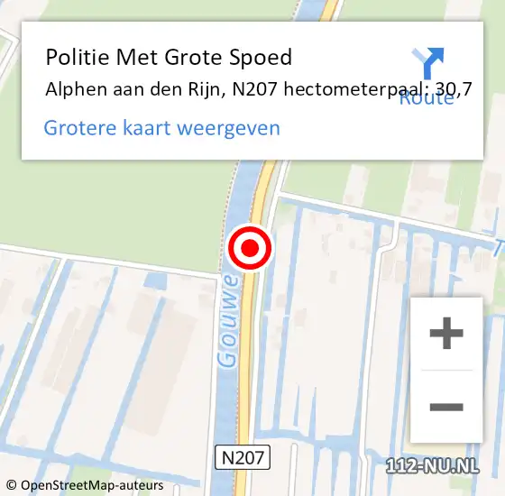 Locatie op kaart van de 112 melding: Politie Met Grote Spoed Naar Alphen aan den Rijn, N207 hectometerpaal: 30,7 op 21 november 2024 13:03