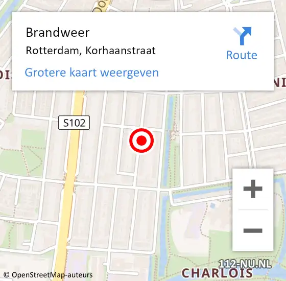 Locatie op kaart van de 112 melding: Brandweer Rotterdam, Korhaanstraat op 21 november 2024 13:15