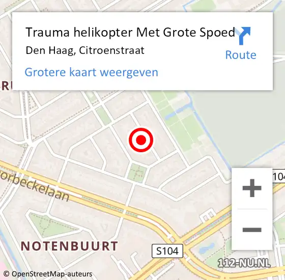 Locatie op kaart van de 112 melding: Trauma helikopter Met Grote Spoed Naar Den Haag, Citroenstraat op 21 november 2024 13:24