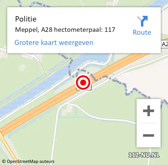 Locatie op kaart van de 112 melding: Politie Meppel, A28 hectometerpaal: 117 op 21 november 2024 13:46