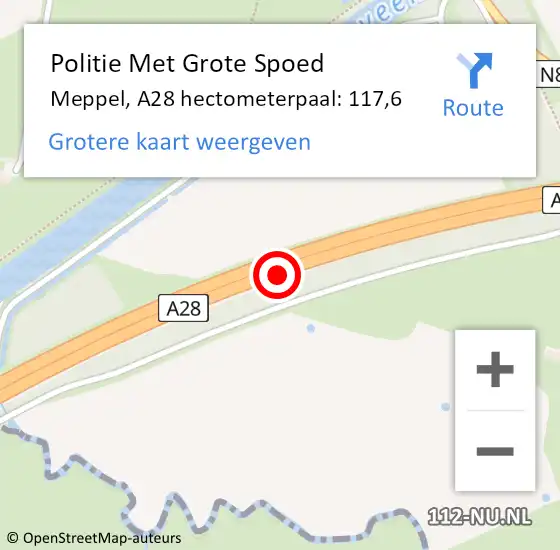 Locatie op kaart van de 112 melding: Politie Met Grote Spoed Naar Meppel, A28 hectometerpaal: 117,6 op 21 november 2024 13:49